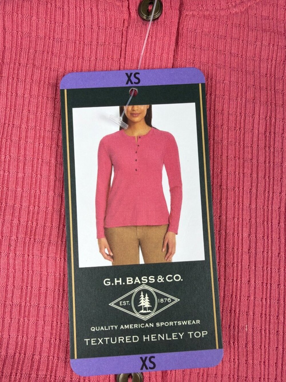 G.H. Bass & Co. Womens Textured Henley Long Sleeve Top XS Pink - Picture 5 of 8